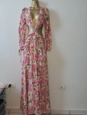 Elegant Pink Floral Maxi Dress with Jeweled Cutout